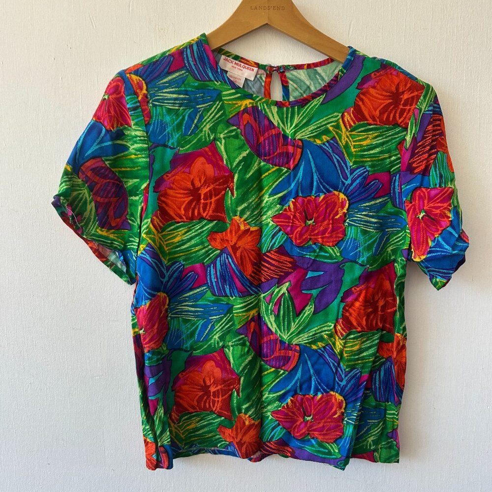 Jack Mulqueen VTG Multicolor Blouse Womens Medium Square Fit Shoulder Pads Art